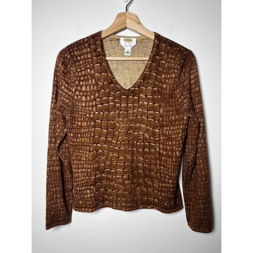 Talbots Petites Vintage Cashmere Silk Animal Print V-Neck Sweater size Small P